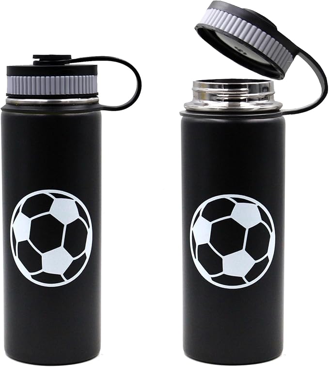18 oz Soccer Water Bottle, Wide Mouth Travel Sports Flask with 2 Lids(Straw Lid+Flex Cap)BPA Free 18/8 Stainless Steel Double Wall Vacuum Insulated Water Bottles (18oz, Soccer)