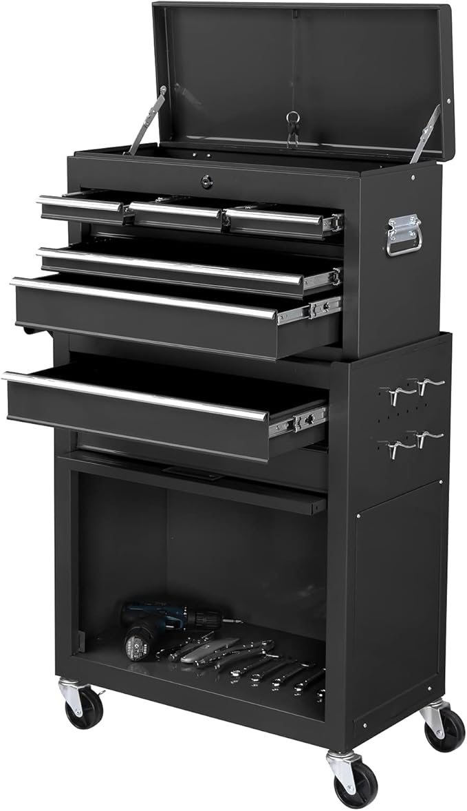 TUFFIOM 8-Drawer Rolling Tool Chest, Tool Storage Cabinet w/Lockable Wheels, Detachable Top, Drawers & Side Hooks, Mechanic Tool Organizer Box for Garage Warehouse Repair Shop