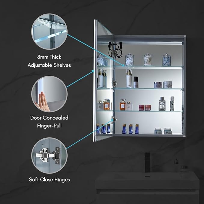 Blossom LED Lighted Mirror Medicine Cabinet, 24x32 Inch, Left Hinge | Wall Mounted Recessed or Surface Bathroom LED Medicine Cabinet with Mirror, Makeup Mirror with Lights | Defogger, 3 Color Dimmer