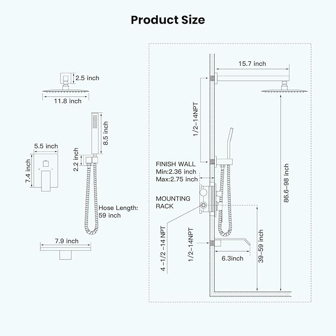 gotonovo Rain Shower Faucet System Set Rainfall Shower Head with Handheld Sprayer Waterfall Tub Spout Wall Mounted Mixer Combo Rough-in Valve and Trim Included 12 Inch Showerhead Brushed Gold