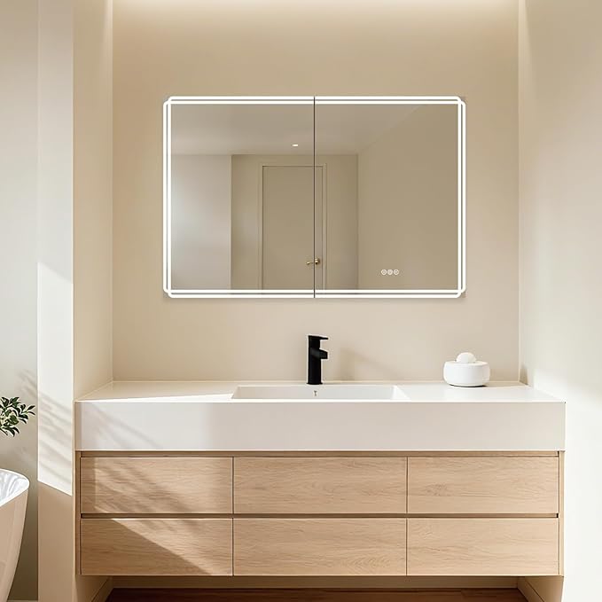 Buruis 48'' x 32'' Medicine Cabinet with Lights and Mirrors, Recessed or Wall Mounted Modern Bathroom Cabinet with 3-Mode Light, Anti-Fog, Dimmable, Memory Function, Outlet, Silver