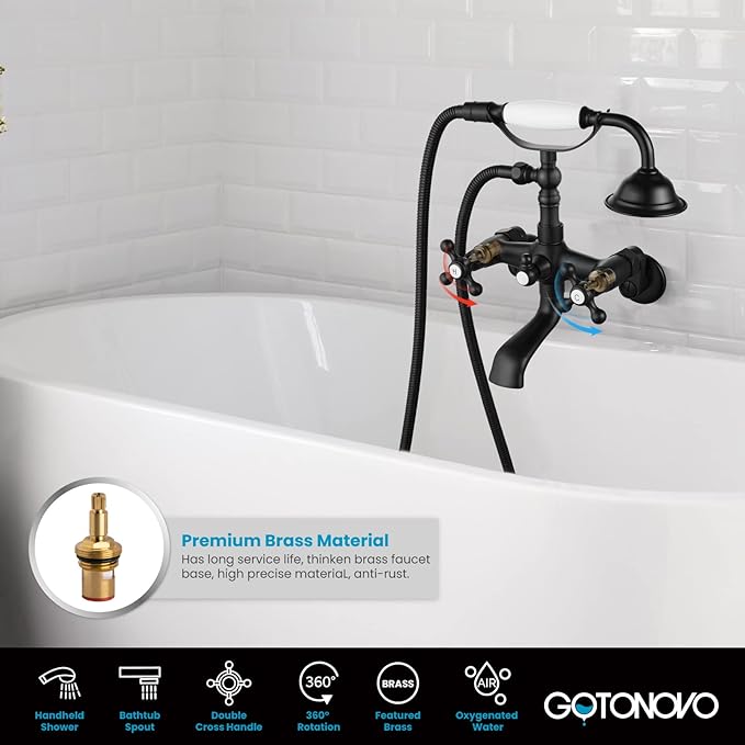 gotonovo Clawfoot Bathtub Faucet Tub Filler with Hand Held Shower Faucet Set Victorian Double Cross Handle 6 Inch Center Adjustable Swing Arms Tub Mount Short Adapter Matte Black