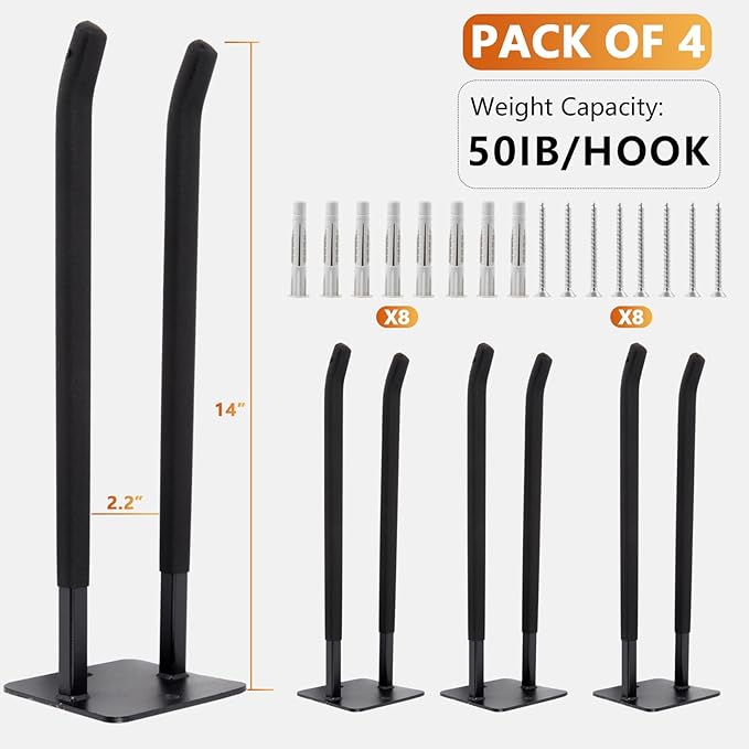 Sinoer Upgraded Heavy Duty Garage Hooks, Utility Steel Garage Hooks, 14 Inch Square Tube Double Garage Wall Mounting Hooks for Chairs, Ladders, Ropes and Strollers, 4 Pieces