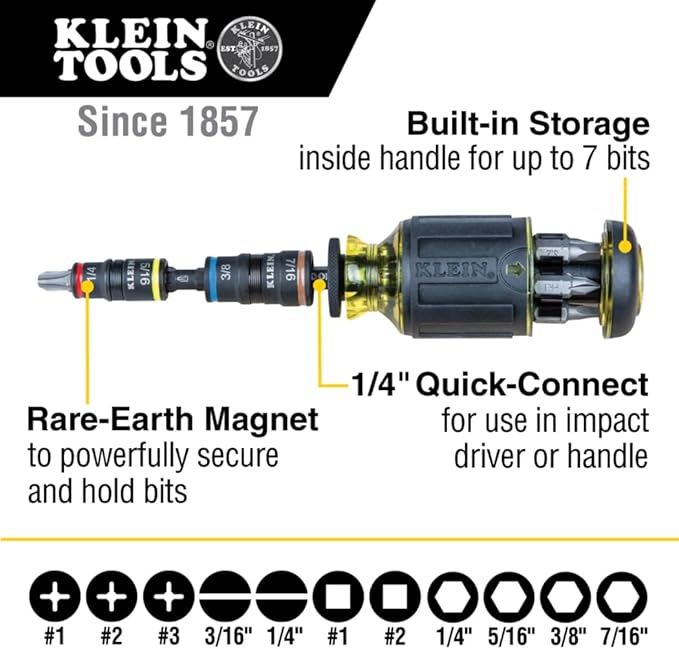 Klein Tools 32308HD Impact Driver Set, 12-in-1 Stubby Driver Set, 2 Hex Flip Sockets, 7 Bits, 1/4-Inch Deep Bit Holding Feature