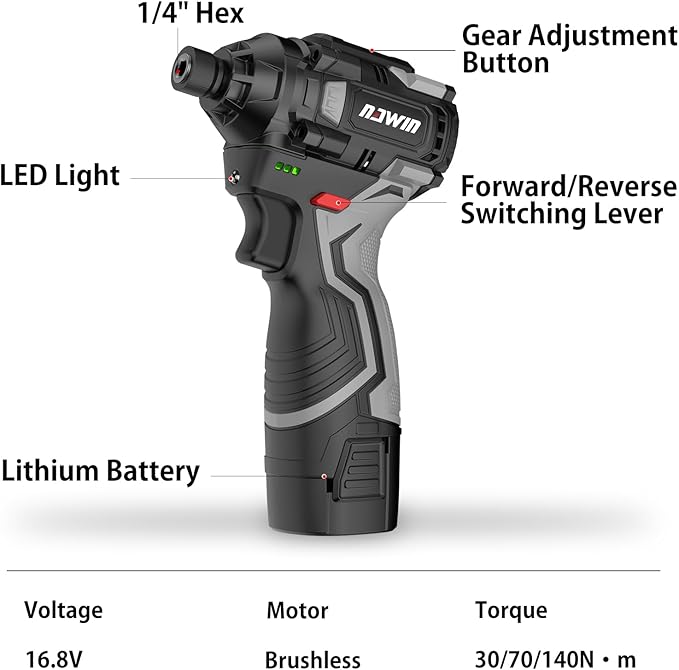 Cordless Impact Driver Kit 16.8V Max Torque 140Nm(105ft-lbs)High Rotation Electric Impact Driver Brushless Motor Continuously Variable Rechargeable 1/4" impact driver 2.0Ah Batteries