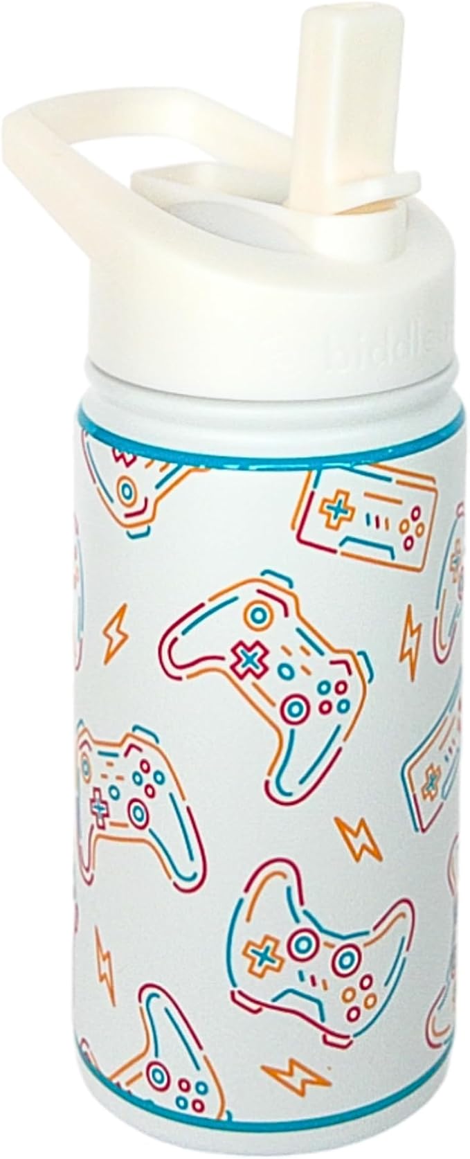 Biddlebee Kids Water Bottle with Straw Lid | 14oz Insulated Stainless Steel Reusable Bottles for School | Leak Proof Cap with Handle & Touch Free Spout | Great for Boys & Girls (Cool Gamer)