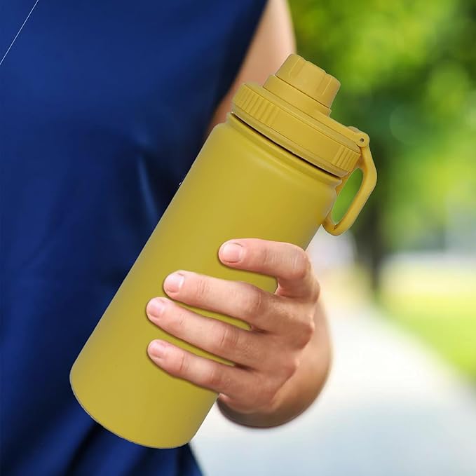18oz Insulated Water Bottle ,Stainless Steel Sports Water Cup Flask with 2 Lids, Wide Mouth Travel Thermal Mug,Outdoor Sports Bottle(Mango yellow)