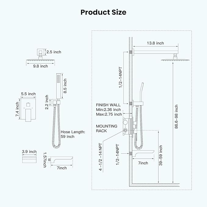gotonovo Shower System with Tub Spout,Waterfall Tub Shower Faucet Set for Bathroom Head and Handle Set Wall Mounted 3 Function Rough-in Valve and Trim Included 10 inch Shower Head Brushed Gold
