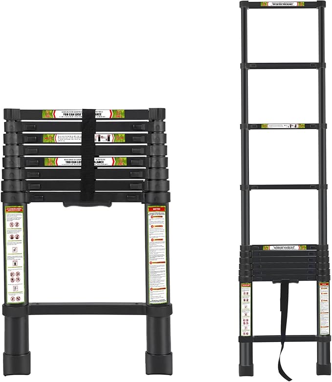 RIKADE Telescoping Ladder 8.5FT & Attic Ladder, Heavy Duty Aluminum with Non-Slip Feet, 330lb Capacity for RV, Attic, Roof & Multi-Surface Use