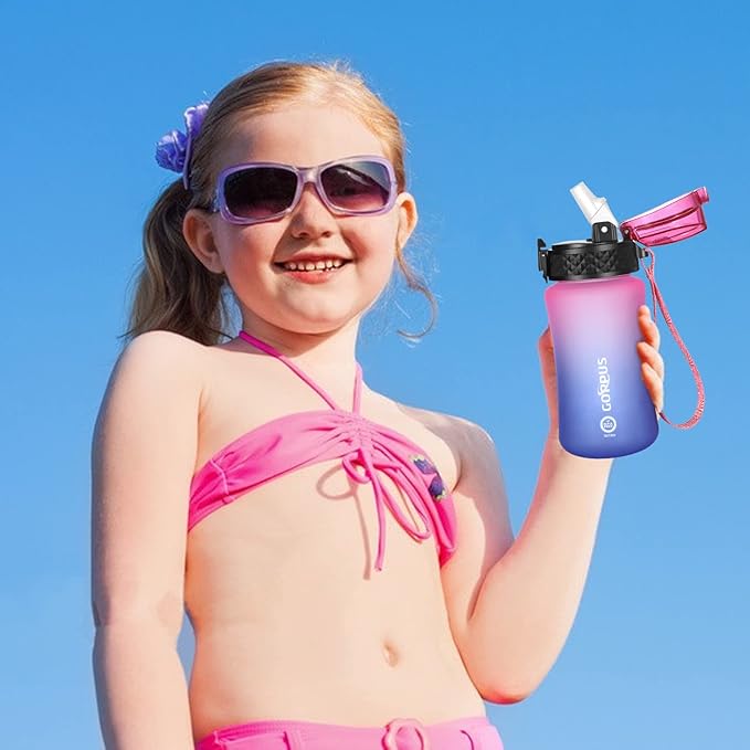 GOPPUS Kids Water Bottle with Straw Spout Lid 10pcs Stickers 12 oz Leak-proof BPA Free Motivational Time Marker Tritan Plastic Water Bottles for Girls Boys School Sports