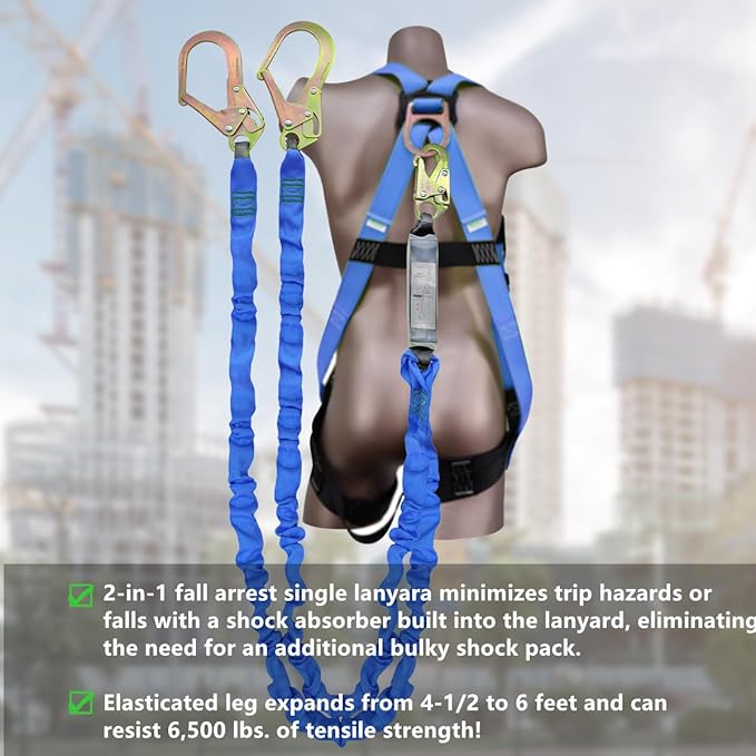 6FT Double Leg Internal Shock Absorbing Safety Fall Protection Lanyard with Dual Rebar & Snap Hook |Heavy-Duty Webbing | Roofer, | OSHA & ANSI Rated (AZ369-B-Shock Absorbing-Blue)