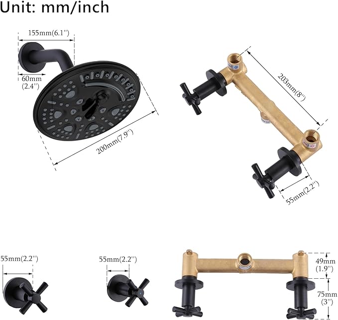 2 Handles Shower with 8'' Rainfall Shower Head,Single Function Shower Trim Kit with Rough-in Valve,Wall Mount,Matte Black
