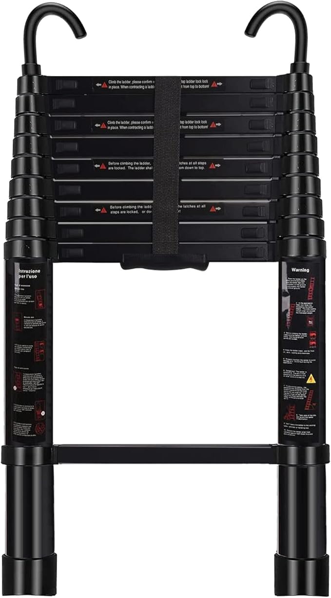 Telescoping Ladder 9.5 FT - Aluminum Telescopic Ladder with Hooks - Folding Extension Ladders for Home Work Loft Roof Attic RV Ladder with EN131 Certification - 330lbs Max Capacity (Black)