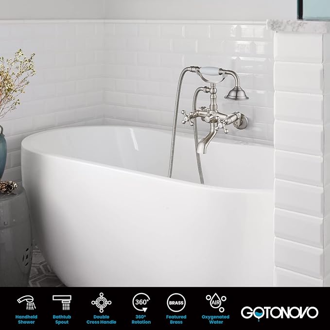 gotonovo Clawfoot Bathtub Faucet Tub Filler with Hand Held Shower Faucet Set Victorian Double Cross Handle 6 Inch Center Adjustable Swing Arms Tub Mount Short Adapter Brushed Nickel