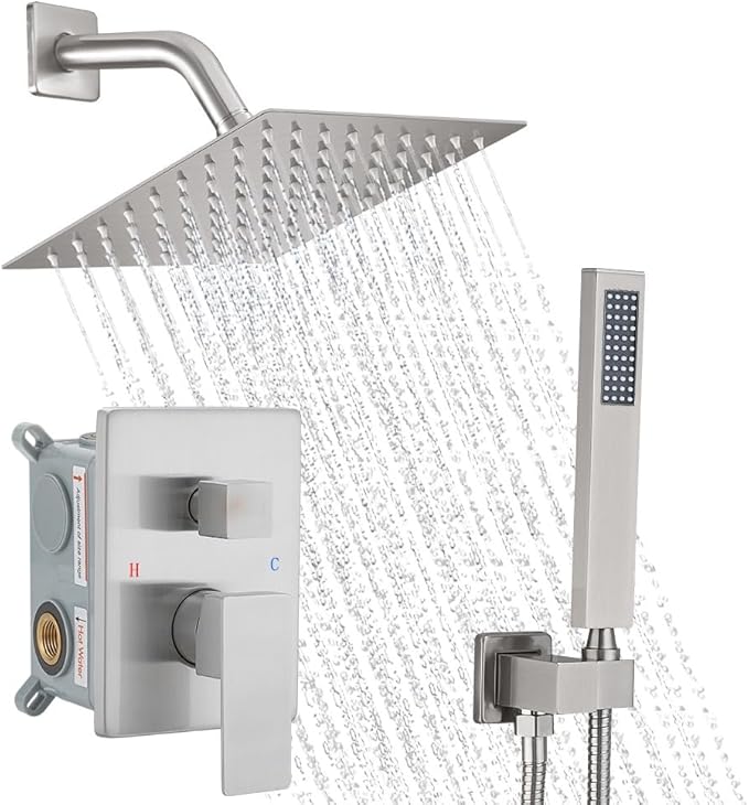 Brushed Nickel Shower System, 8 Inch High Pressure Rain Shower with Handheld, Wall Mount Shower Faucet Set for Bathroom, Rough-in Valve Body and Trim Included