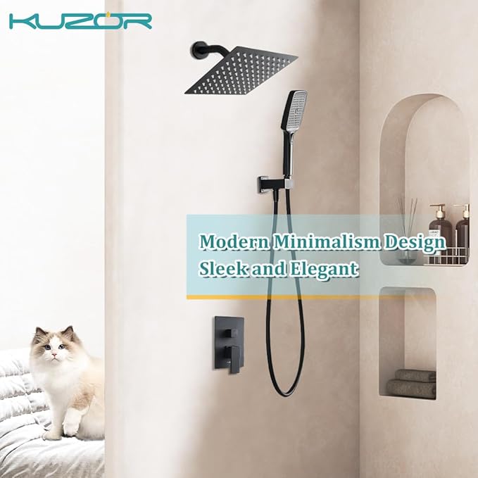 1Pc 304 Stainless Steel Shower Faucet Set, Rain Shower Head with Handheld Spray, Square Shower Head with 3 Setting Handheld Combo and Brass Valve Kit (Matte Black, 8 Inch Rain Shower Head)