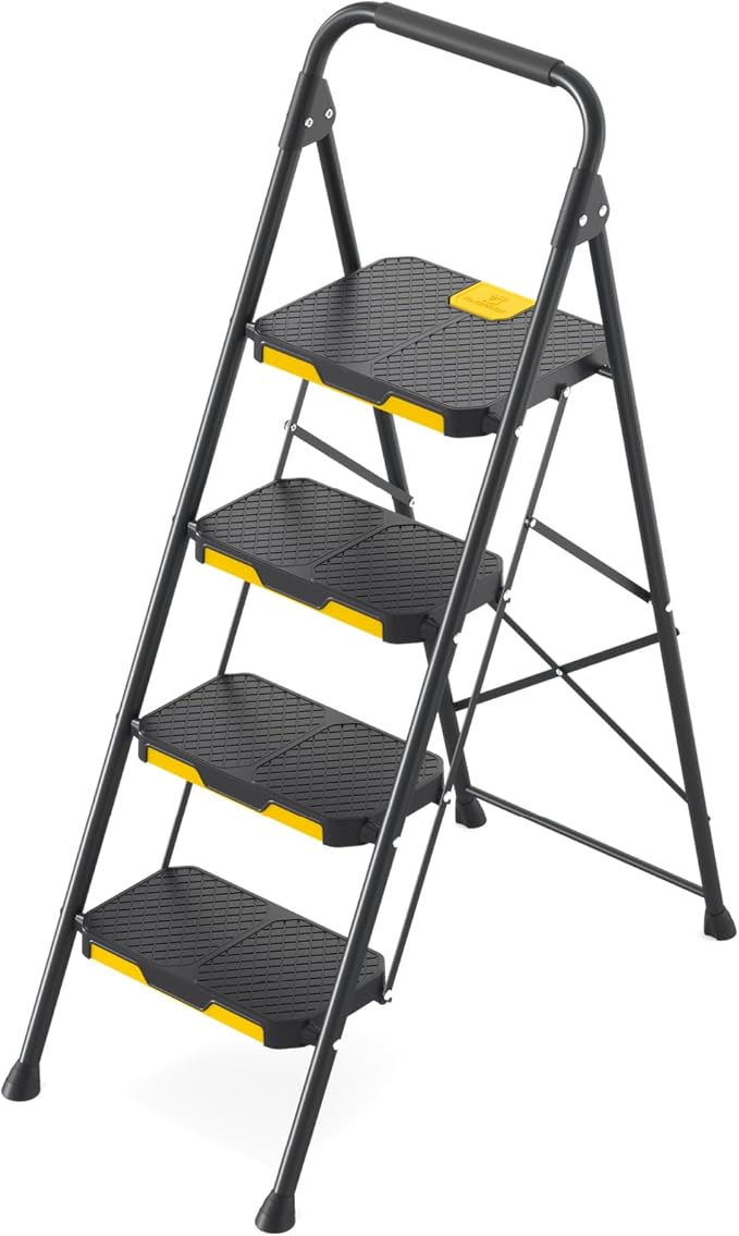KINGRACK 4 Step Ladder, Sturdy Steel Step Stool with Safe-Lock Design, Handrail, Anti-Slip Wide Pedals, Pass 800lbs Load Testing, Folding Portable Ladder for Multi-Purpose, Home, Kitchen, Black