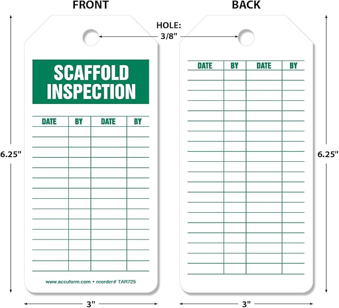 250 Tags by-The-Roll, Scaffolding Inspection Tags, US Made OSHA Compliant Scaffold Tags, Waterproof PF-Cardstock, Resists Tears, 6.25"x3", TAR725