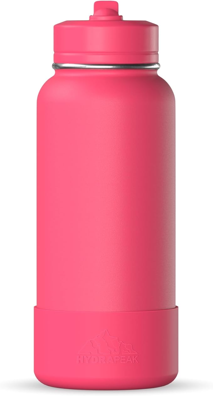 Hydrapeak 32oz Sport Insulated Water Bottle with Straw or Chug Lid, Leak & Spill Proof, Keeps Drinks Cold for 24 Hours, Hot for 12 Hours, Premium Stainless Steel Water Bottles (32oz, Hot Pink)