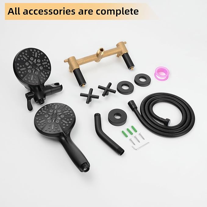 2 Handle Shower Faucet Set With Handheld Shower Head,Dual 2 in 1 Shower Head System, Shower Combo Set with Handheld,2 Knobs Tub and Shower Trim Kit with Valve,Wall Mounted,Matte Black,2A3MK