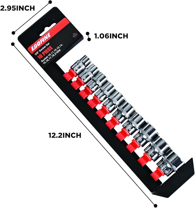 Egofine 10PCS 3/8” Drive Standard Socket Set,Shallow,Metric(10-21mm,6 Point Socket Set With Hanging Bracket,Cr-V Steel
