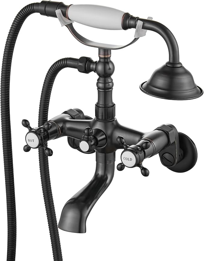 gotonovo Clawfoot Bathtub Faucet Tub Filler with Hand Held Shower Faucet Set Victorian Double Cross Handle 6 Inch Center Adjustable Swing Arms Tub Mount Short Adapter Oil Rubbed Bronze