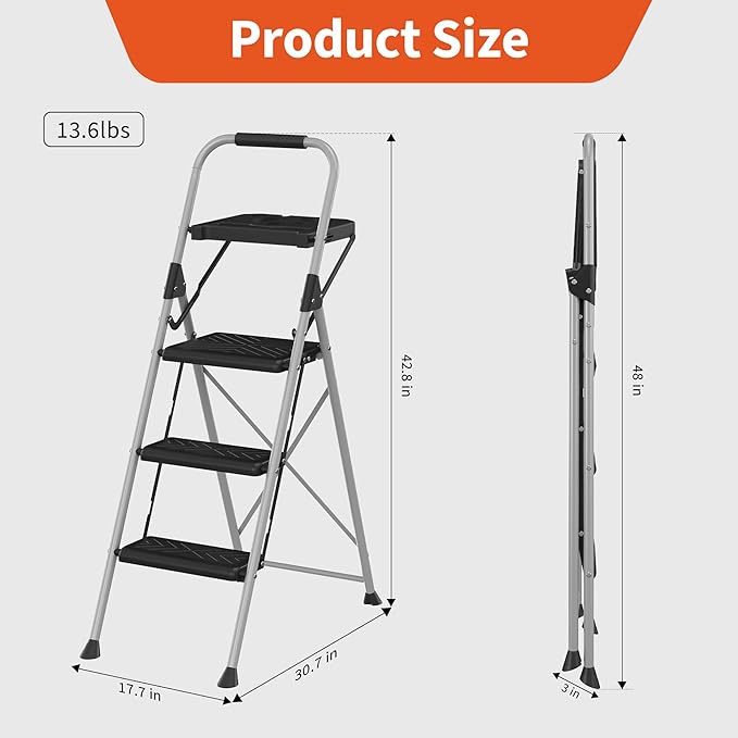 3 Step Ladder,DIAMONDFORGE Folding Step Stool with Tool Platform,Wide Anti-Slip Pedal and Anti-Slip Feet,Sturdiest Steel Construction,900lbs Capacity Steel Ladder for Home Office,Grey