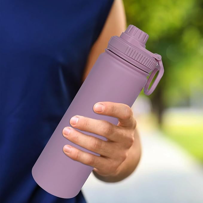 22oz Insulated Water Bottle ,Stainless Steel Sports Water Cup Flask with 2 Lids, Wide Mouth Travel Thermal Mug,Outdoor Sports Bottle(Jelly Purple)