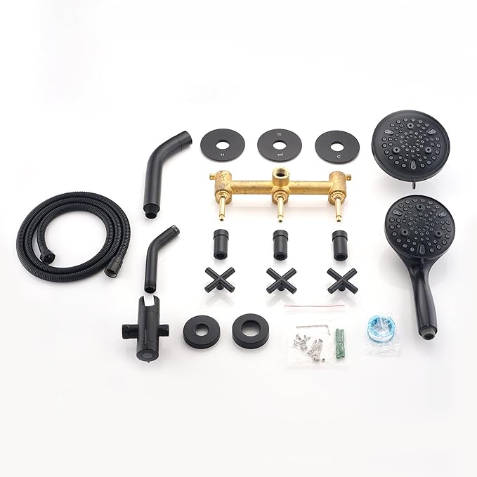 PROOX 3 Handle Tub Shower Faucet Set, Dual shower head Combo with Tub and Shower Trim Kit with Rough-in Valve, Matte Black Bathtub Shower Faucets, Wall Mounted Bathroom Rain Shower System