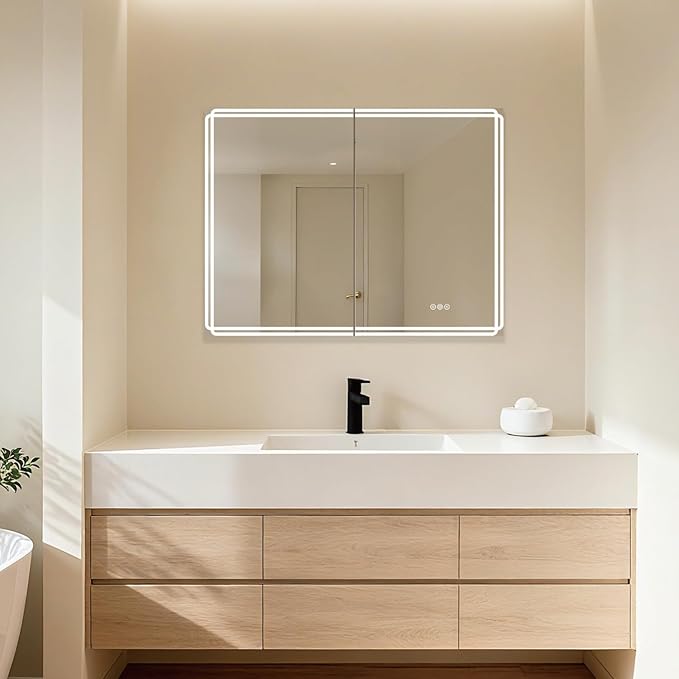 Buruis 36'' x 32'' Medicine Cabinet with Lights and Mirrors, Recessed or Wall Mounted Modern Bathroom Cabinet with 3-Mode Light, Anti-Fog, Dimmable, Memory Function, Outlet, Silver