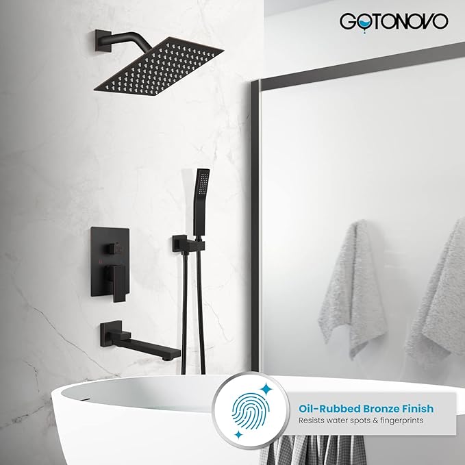 gotonovo Rainfall Tub Shower Faucet Set Bathroom Shower System with Tub Spout Wall Mount Square High Pressure Shower Fixtures with Handheld Sprayer Rough-In Valve 8'' Shower Head,Oil Rubbed Bronze