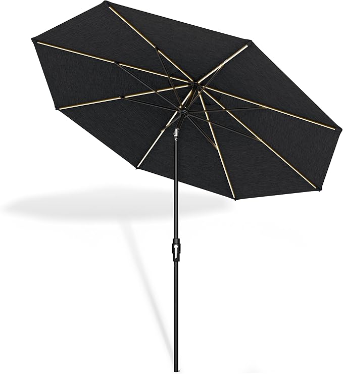Midtown Umbrellas Led Swilt Sunbrella Umbrella 9 Ft Patio Umbrella With Sunbrella Spectrum Carbon Acrylic Fabric - Deck Patio Umbrella, Backyard Umbrella, Garden Umbrella & Pool Umbrella - Black Pole