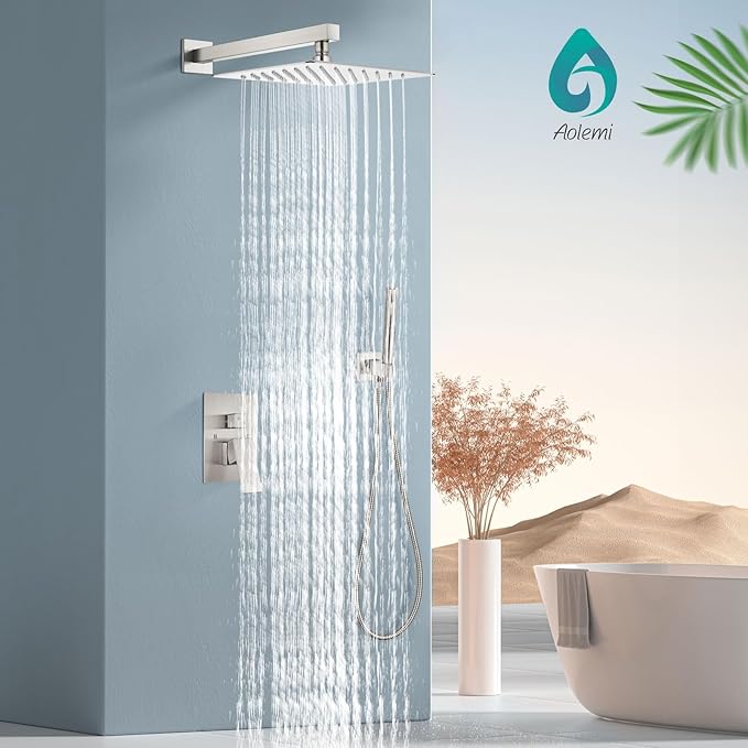 Aolemi Shower System with Rainfall Shower Head and Handheld Wall Mount,High Pressure Shower Faucet Set Fixture Combo with 2 in 1 Handheld Spray Rough-in Valve,16 Inch Shower Head Brushed Nickel