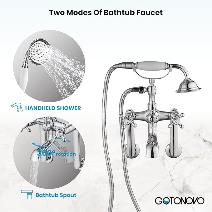 gotonovo Clawfoot Bathtub Faucet Tub Filler with Hand Held Shower Faucet Set Victorian Double Cross Handle 6 Inch Center Adjustable Swing Arms Tub Mount Long Adapter Polished Chrome