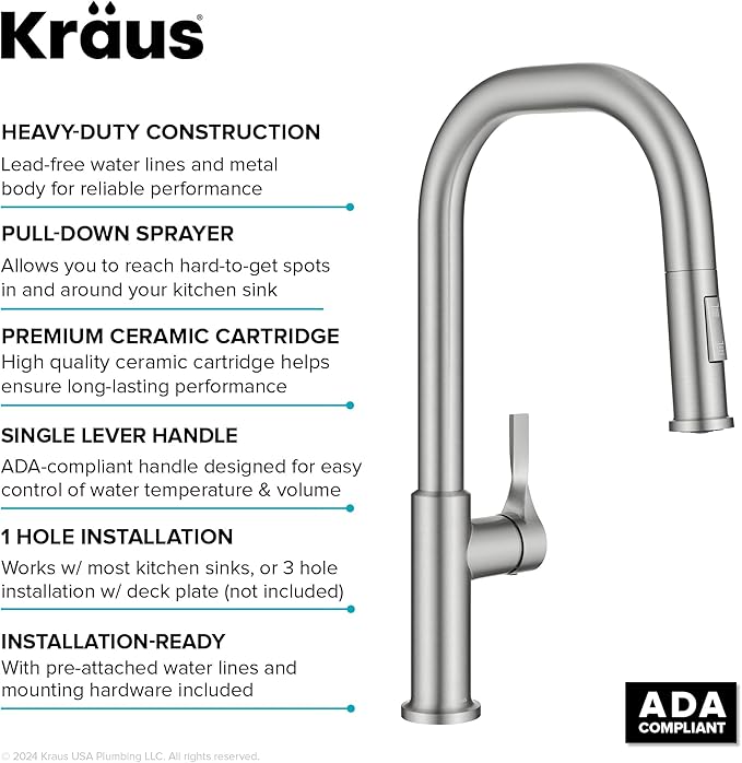 KRAUS Torak Pull Down Kitchen Faucet in Spot-Free Stainless Steel with 2 Function Sprayer, Pre-Attached Water Lines, and Mounting Hardware, KPF-2841SFS