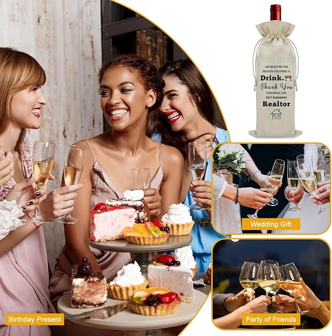 Realtor Gifts for Women Agent Wine Bag Thank You Gifts for Clients Real Estate Therapist Gifts for Men Wine Bottle Storage Bag Housewarming Gifts for Her Wine Accessories Gifts for Wine Lovers(Beige)