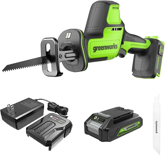 Greenworks 24V Brushless Cordless Reciprocating Saw,1" Compact One-Handed Recip Saw(3,000 SPM),Variable Speed, 2.0Ah Battery and Compact Charger Included, RSG404