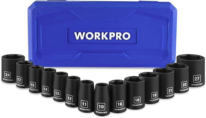 WORKPRO 1/2” Drive Shallow Impact Socket Set, Metric Cr-V Steel 6-Point Socket Set with Storage Case for Automotive Maintenance and Repairs (14PCS 10-27mm)