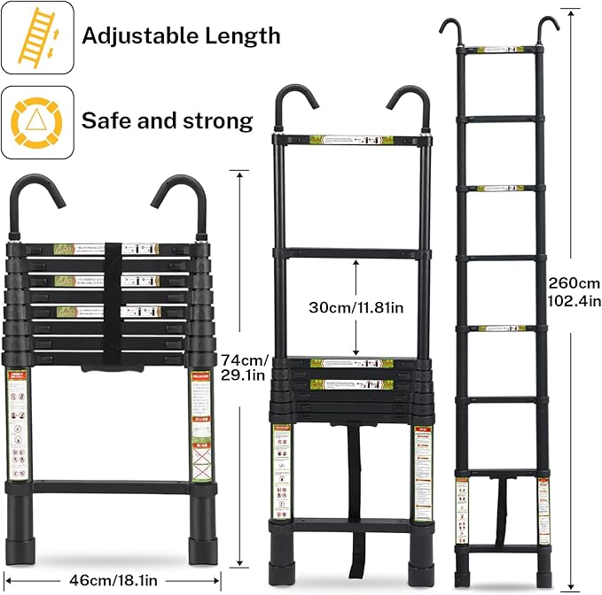 Telescopic Ladder, 8.5FT RIKADE Aluminum Telescoping Ladder with Non-Slip Feet and Stable Hook, Portable Extension Ladder for Household and Outdoor Working, 330lb Capacity Black