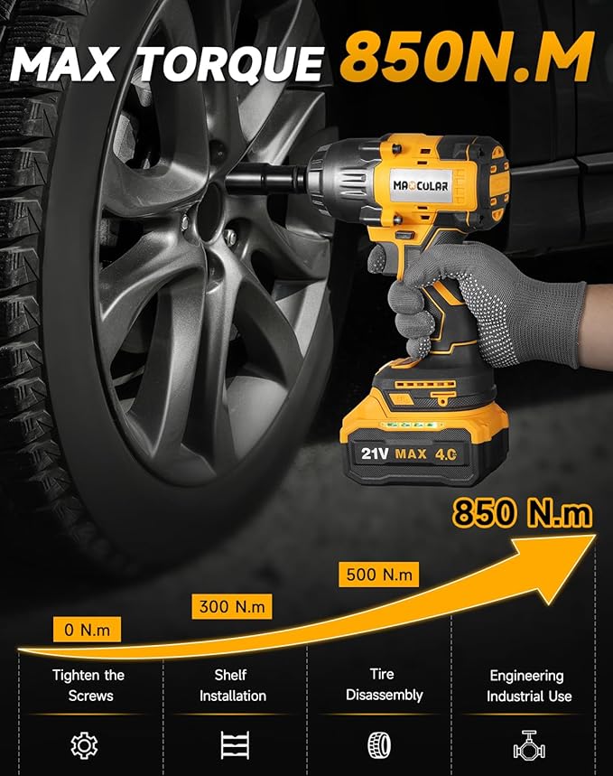 Cordless Impact Wrench 627Ft-lbs (850N.m) High Torque,1/2 inch Impact Wrench,2400 RPM Brushless Power Impact Gun with 2x 4.0 Ah Battery,Electric Impact Driver for Car Home