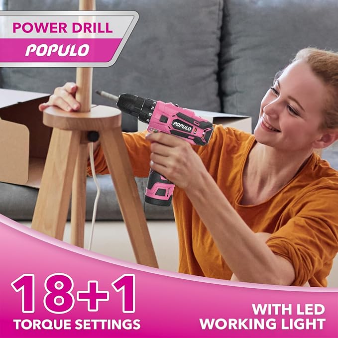 Pink Household Power Tool Combo for Women(3-Tool), 12V Lightweight Cordless Drill with Battery x2, Impact Driver and Rotary Tool Kit-Home Tool Kit for DIY, Home Improvement