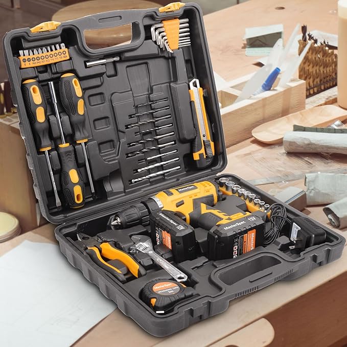 47Pcs 12V Cordless Drill Driver Set Household Hand Tool Kit w/ 2 Batteries
