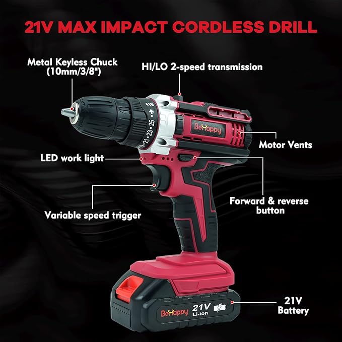 BEHAPPY Cordless Drill Set, 21V Power Drill Kit, Electric Power Drill Set with 2 Batteries and Charger, 25+3 Torque Setting, 2 Speed, 315 In-lb, LED, 23pcs Drill Bit, Impact Drill Set for Home, DIY