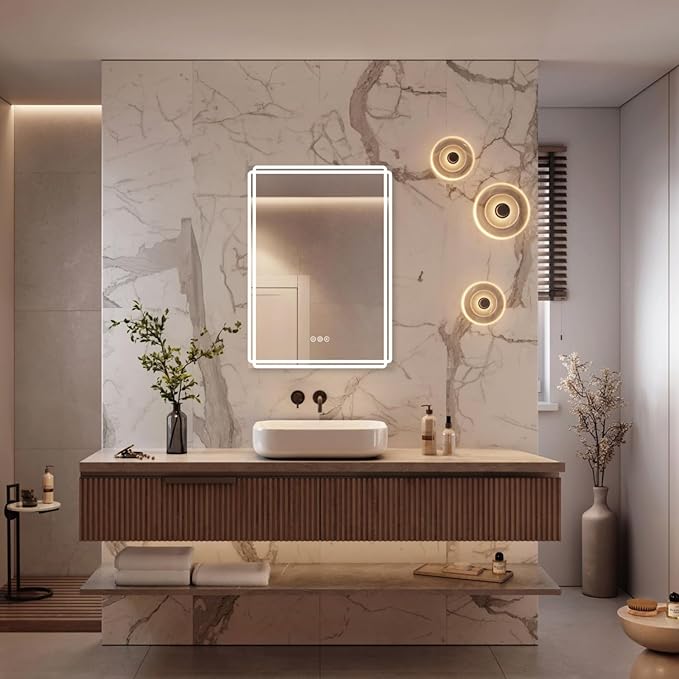 Buruis 20'' x 28'' Medicine Cabinet with Lights and Mirrors, Recessed or Wall Mounted Modern Bathroom Cabinet with 3-Mode Light, Anti-Fog, Dimmable, Memory Function, Outlet, Silver