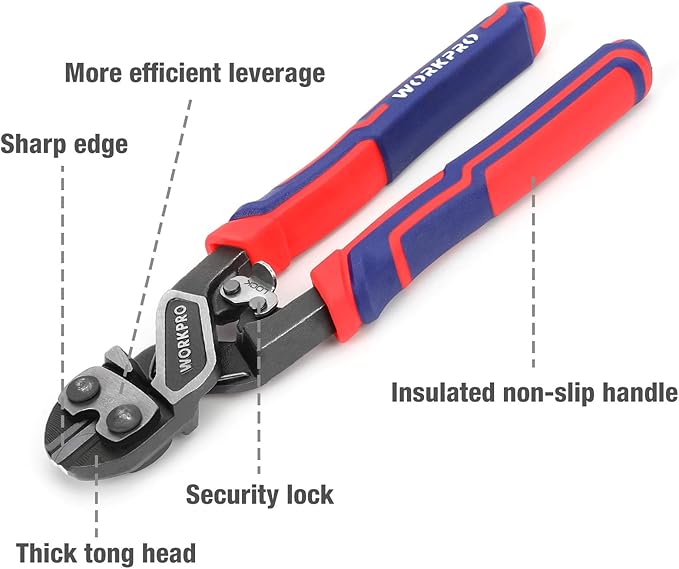WORKPRO 8" Mini Bolt Cutter, Heavy Duty Wire Cutters with Ergonomic Handle and Security Lock, High Hardness and High Leverage Steel Bolt Cutters, Chrome Molybdenum Steel Blade