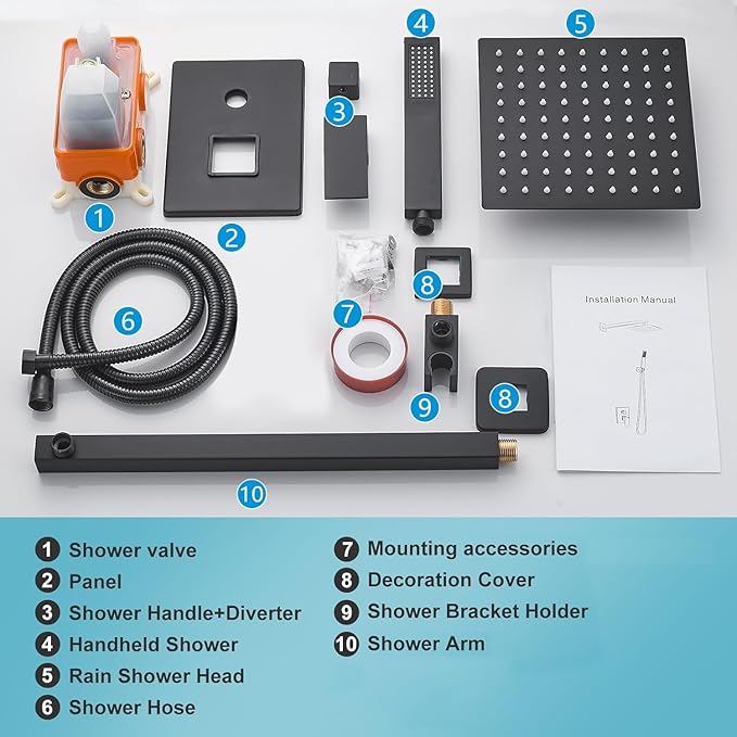 Matte Black Shower Head and Handle Set 10 Inch, Rain Shower Head with 2 Hooks, Luxury Rain Shower Set Square Wall Mount for Bathroom with Rain Shower and Handheld Shower System