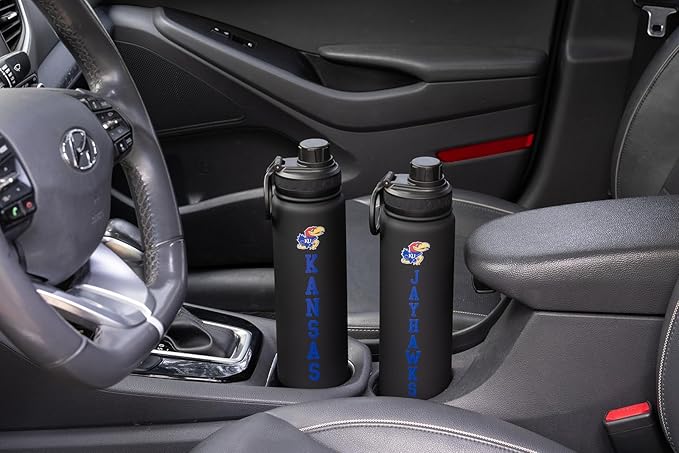 University of Kansas Water Bottle - Black Double Walled Stainless Steel 24 oz Keeps Drinks Cold or Hot