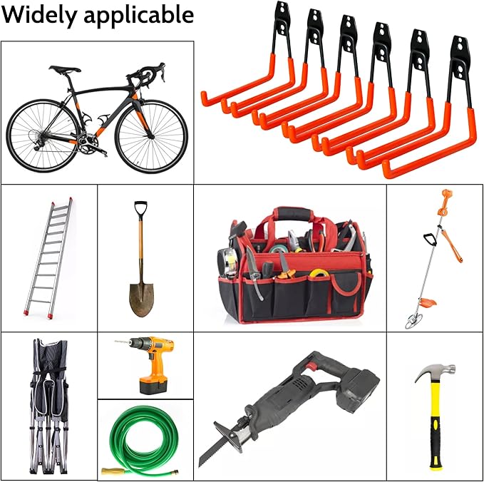 WMK 7.3'' Garage Hooks Heavy Duty Wall Hook, 6 Pack Garage Storage Hook, Wall Mount Utility Garage Hooks for Hanging Tools Bike Ladder (Orange)