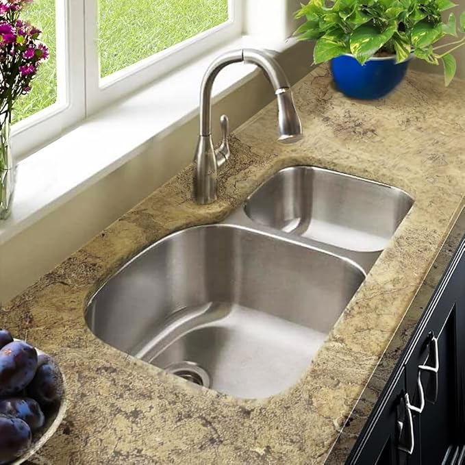 Double Bowl Stainless Steel Sink – Undermount Kitchen Sink, 70/30 Ratio Large & Small Bowl, with Basket Strainer Drains – 18 Gauge Steel, Brushed Finish, Easy Clean Corners FP7030