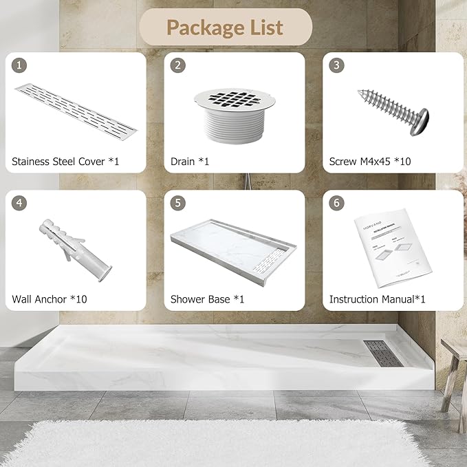 MORVANO 60 x 32 Shower Base with Single Threshold Rectangular Right Drain Location Shower Base,Shower Pan With Stainess Steel Cover,Marble White Acrylic Shower Base